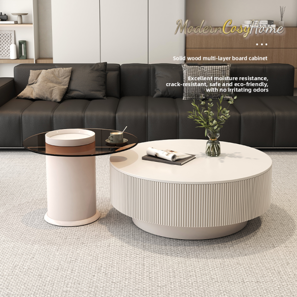 Modern living room with a black sofa and round coffee tables; ad text promotes a solid wood multi-layer cabinet and moisture-resistant, eco-friendly materials.