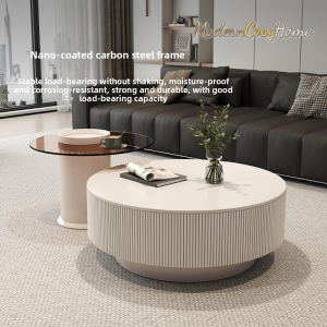 Modern living room with a black sofa and round coffee tables; ad text promotes a solid wood multi-layer cabinet and moisture-resistant, eco-friendly materials.